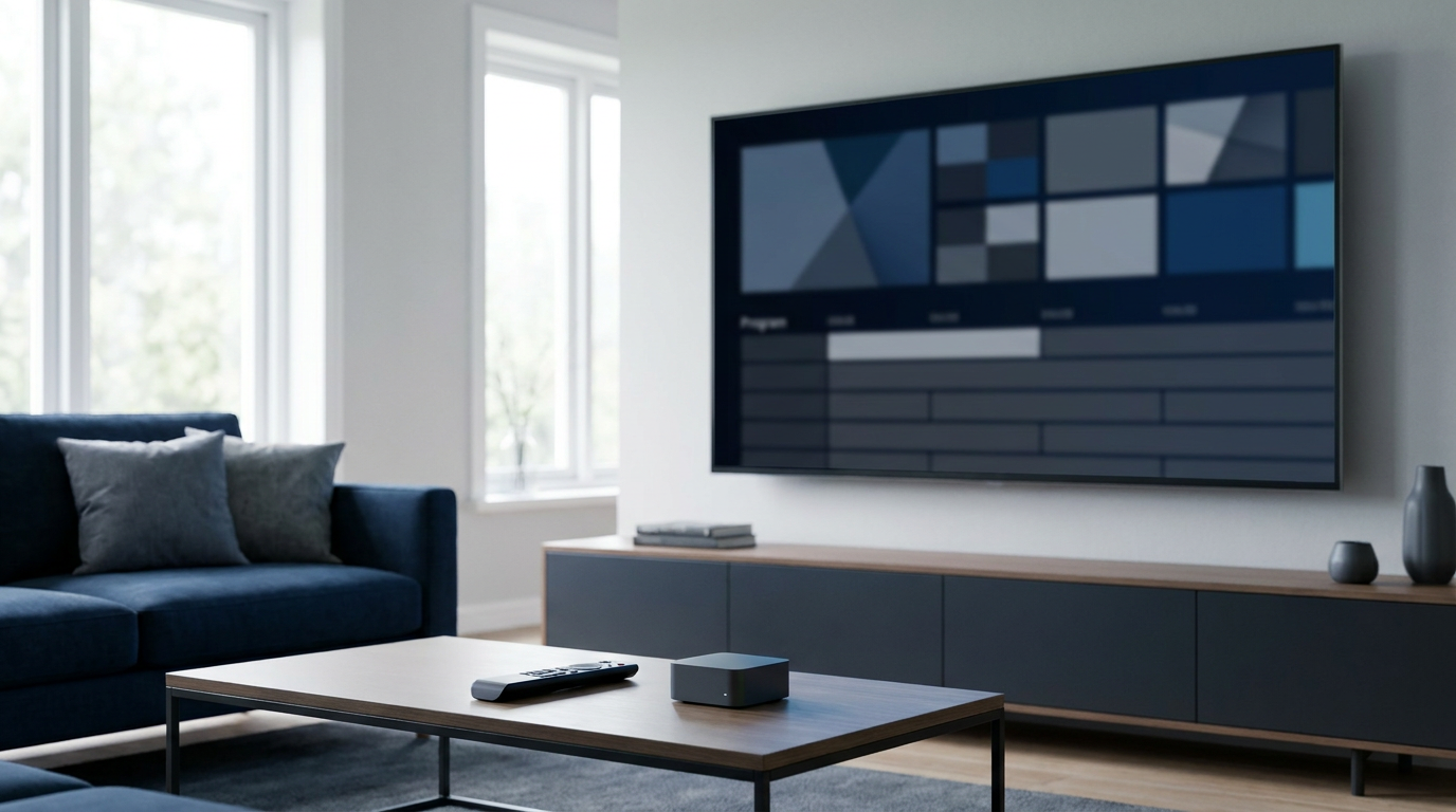Smart-tv met een interface voor internettelevisie en een afstandsbediening in een woonkamer