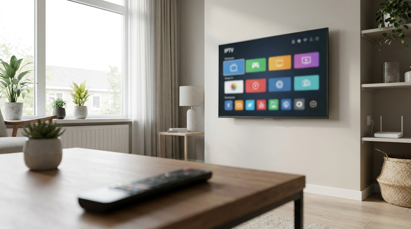 Slimme televisie met een IPTV-interface en afstandsbediening in een woonkamer