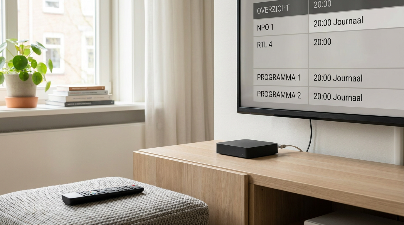 IPTV-mediaspeler naast een televisie met een Nederlandstalige programmagids