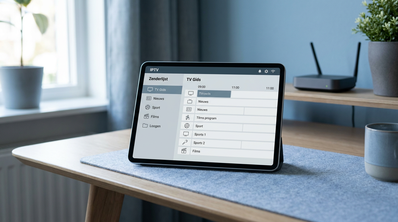 Tablet met een generieke IPTV-speler en programmagids op een bureau
