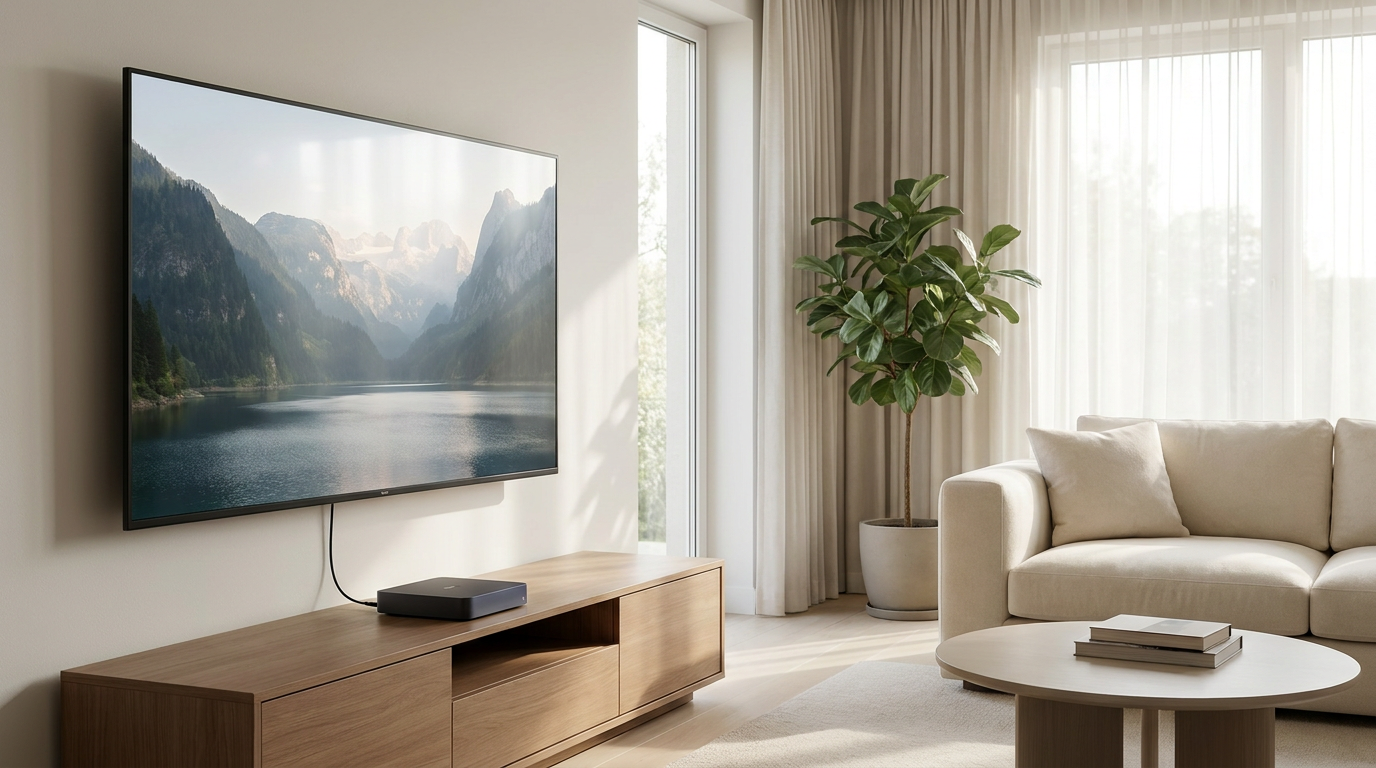 4K-televisie met een natuurlandschap en een mediaspeler in een moderne woonkamer