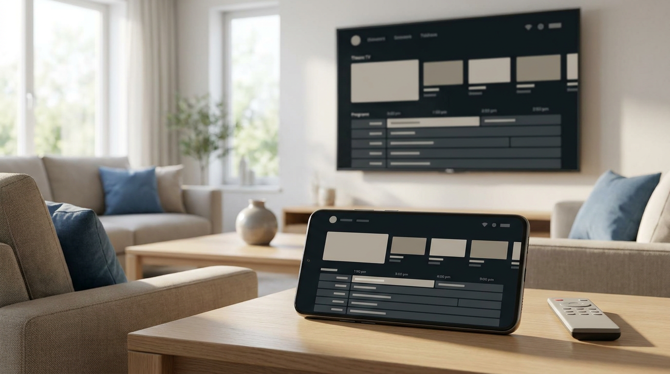 Android-telefoon en televisie met een IPTV-interface en programmagids