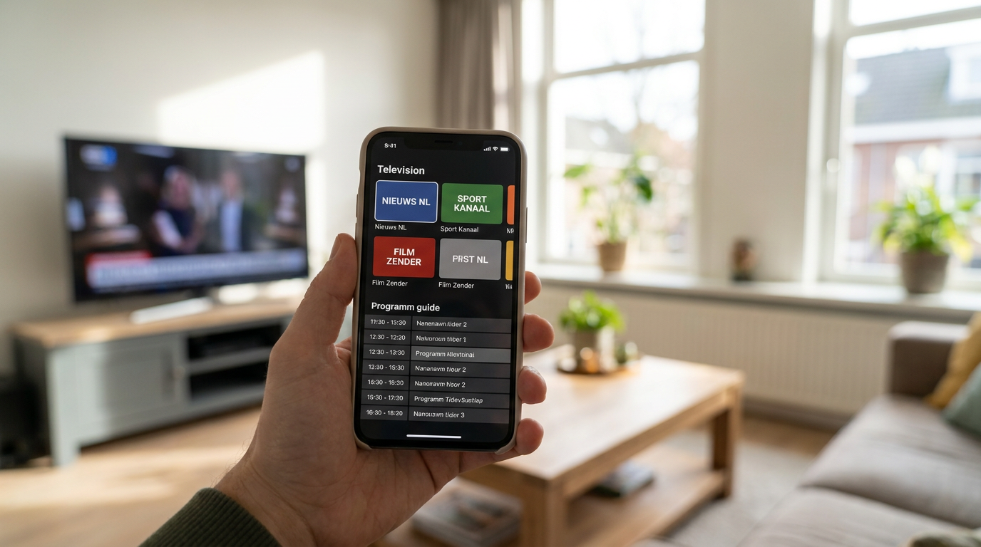 iPhone met een IPTV-speler en Nederlandstalige programmagids in een woonkamer