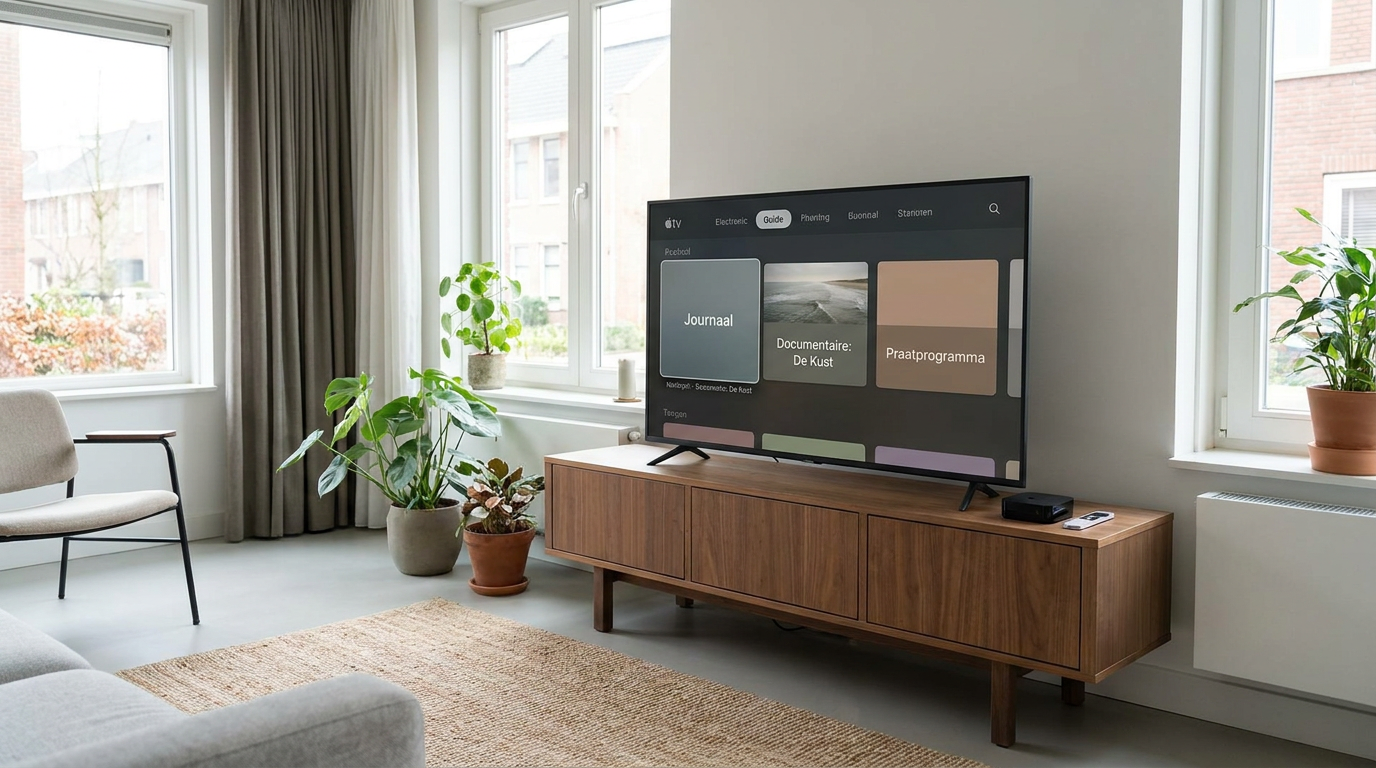 Apple TV bij een televisie met een Nederlandstalige IPTV-programmagids
