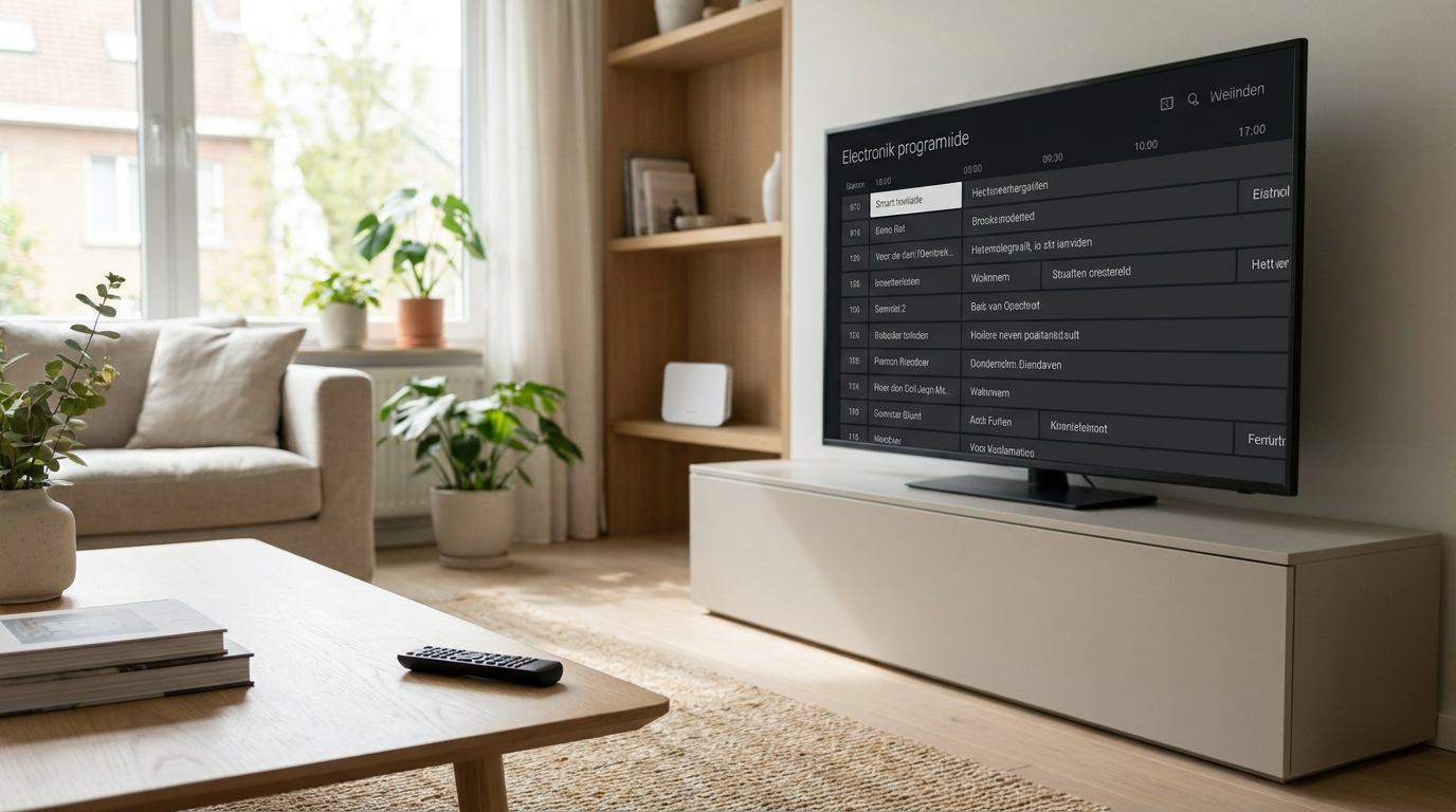 Slimme televisie met een programmagids voor televisiekijken via internet in een Belgische woonkamer