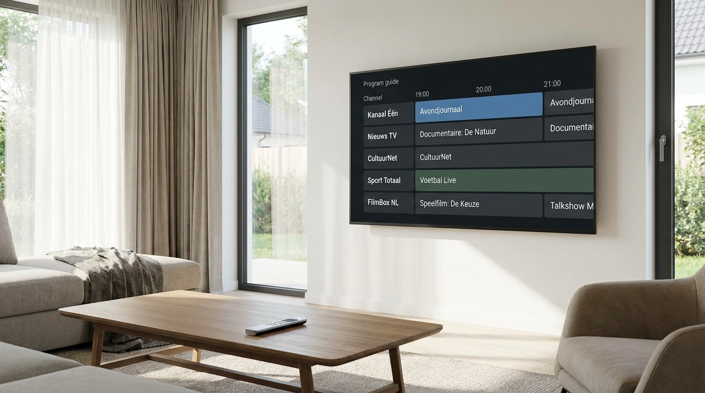 Televisie met een IPTV EPG die zenders, uitzendtijden en programmablokken overzichtelijk toont