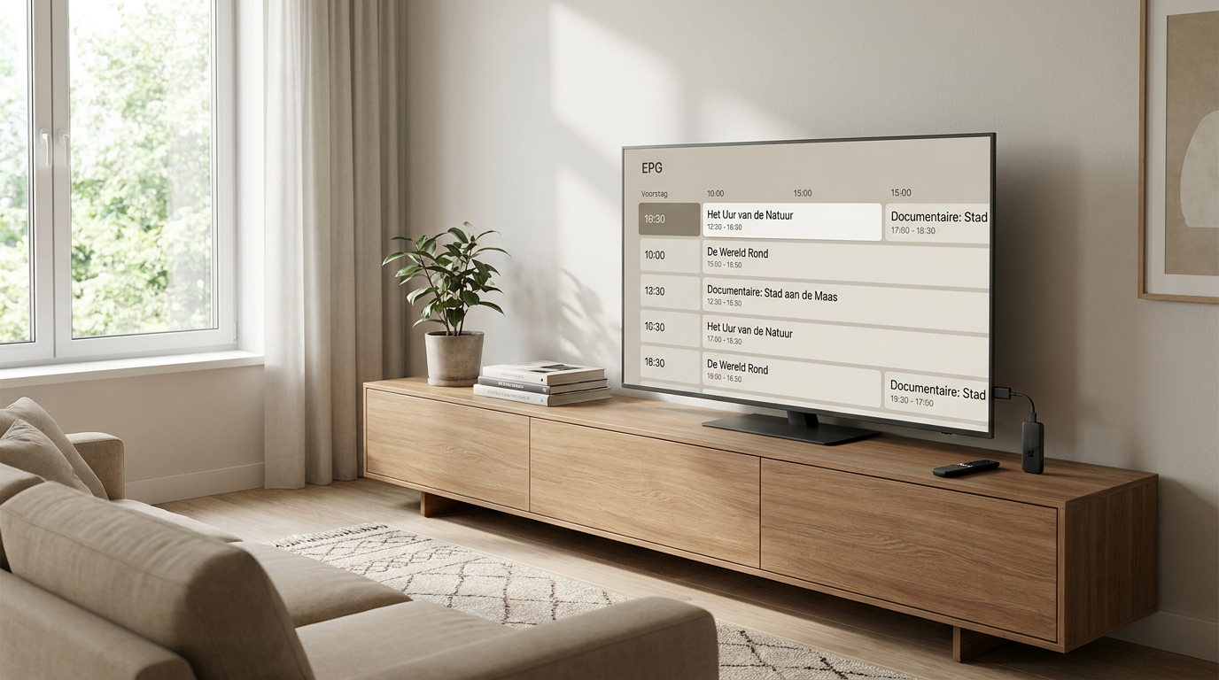 Televisie met Nederlandstalige programmagids en een Fire TV Stick met afstandsbediening