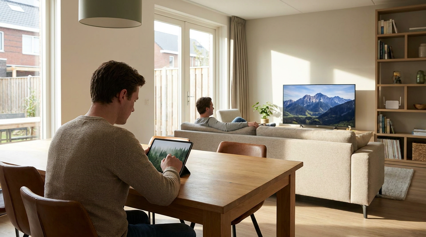 Televisie en tablet waarop tegelijk verschillende programma’s via IPTV worden bekeken