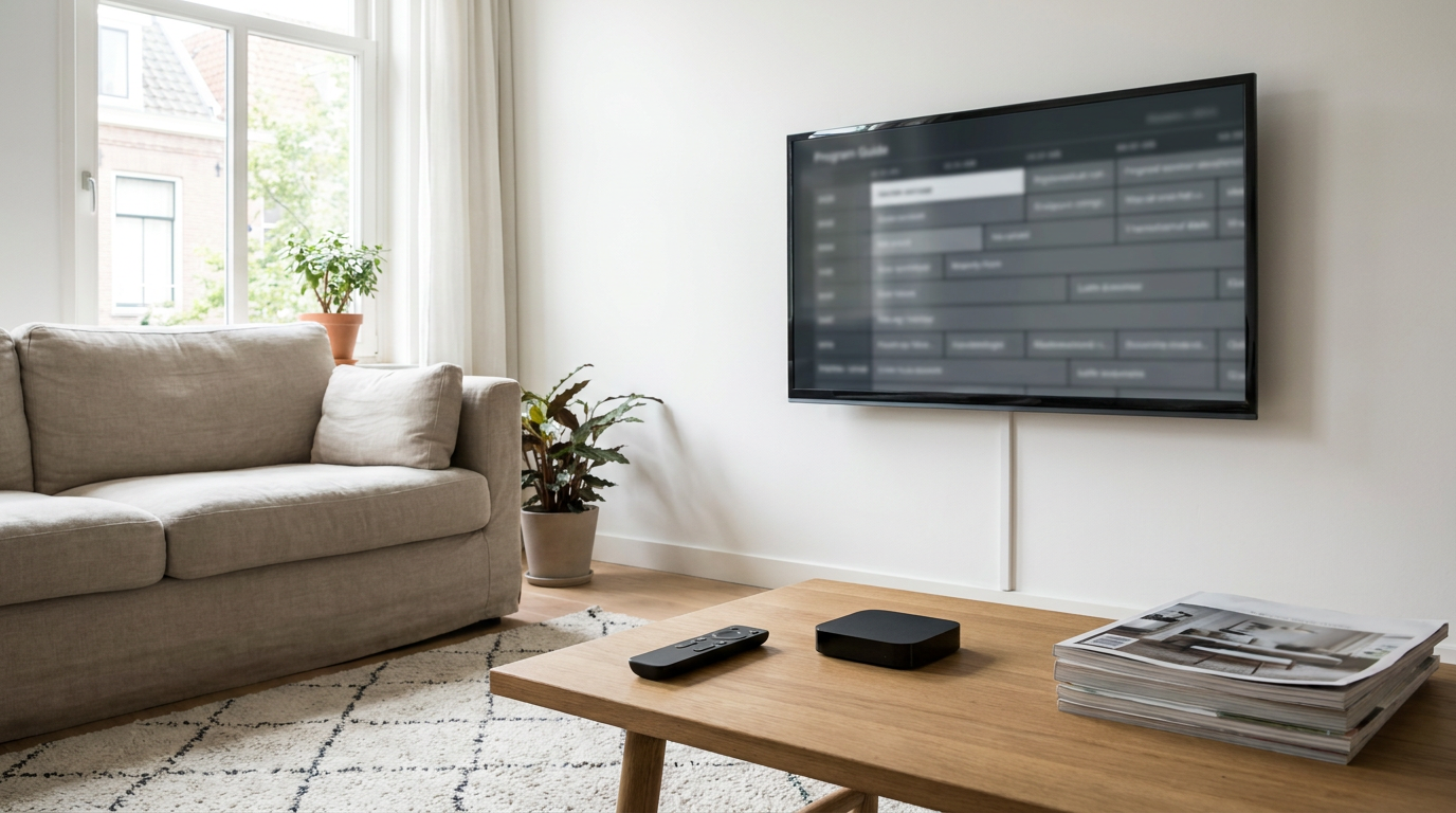 Televisie met een neutrale programmagids, afstandsbediening en mediaspeler in een woonkamer