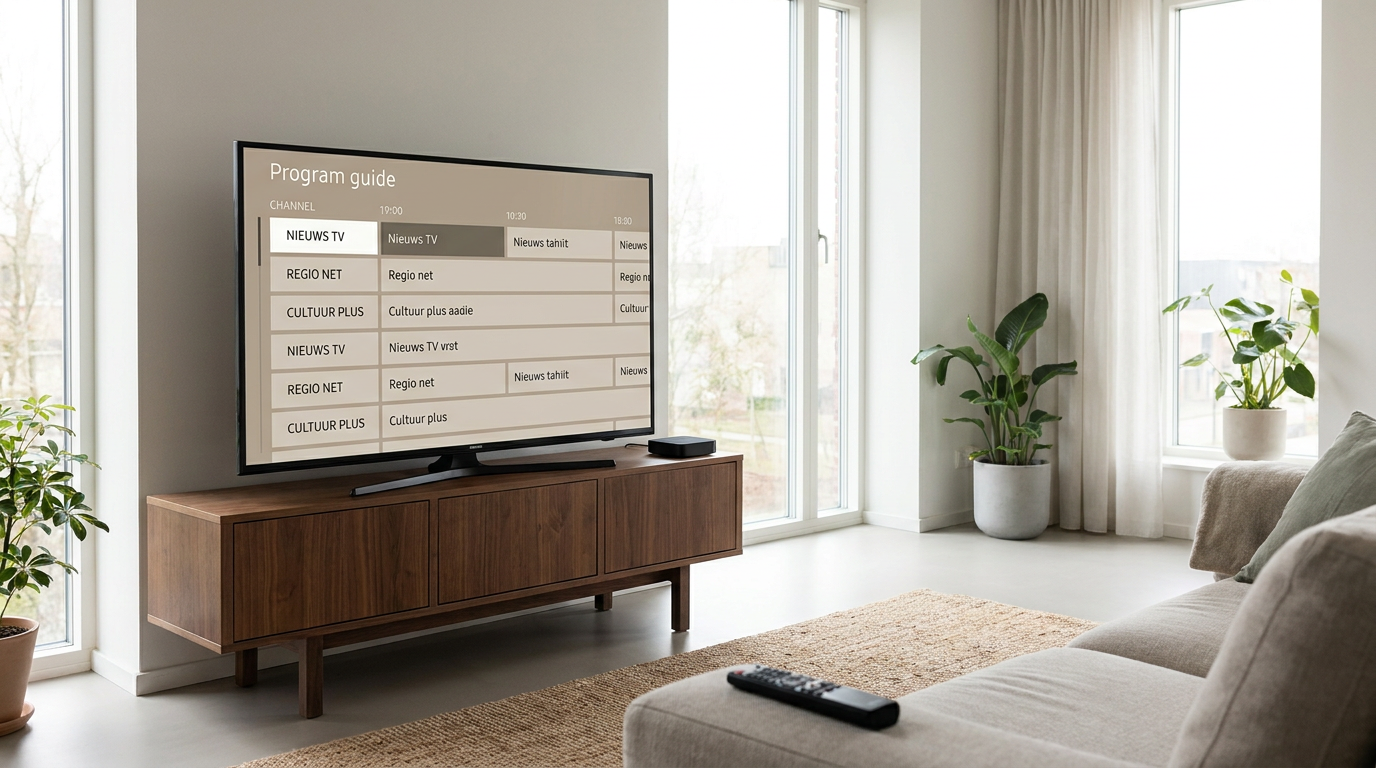 Samsung-smart-tv met een televisiegids voor IPTV in een moderne woonkamer