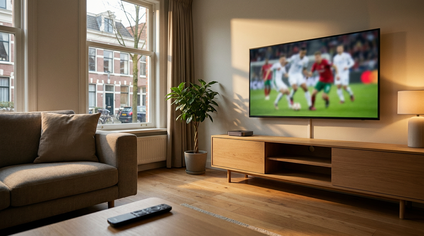 Televisie met een voetbalwedstrijd via IPTV in een moderne woonkamer