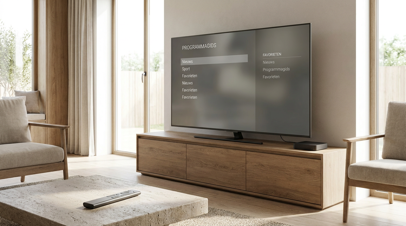 Televisie met een IPTV-speler en programmagids in een moderne woonkamer