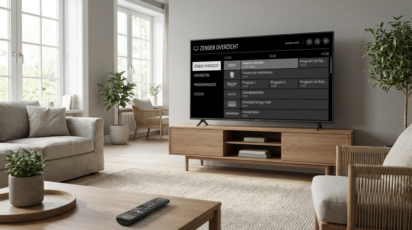 LG Smart TV met een IPTV-app, zenderoverzicht en programmagids in een moderne woonkamer