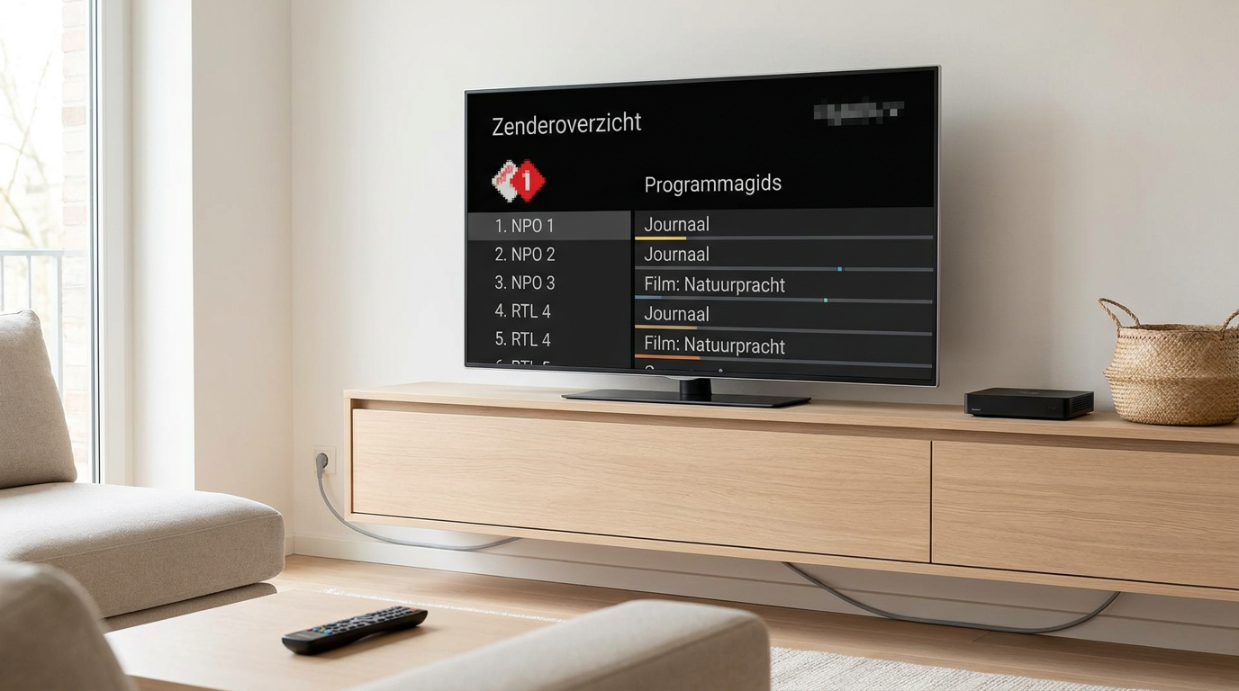 Televisie met een generieke programmagids en een ontvanger ter illustratie van MyTVOnline