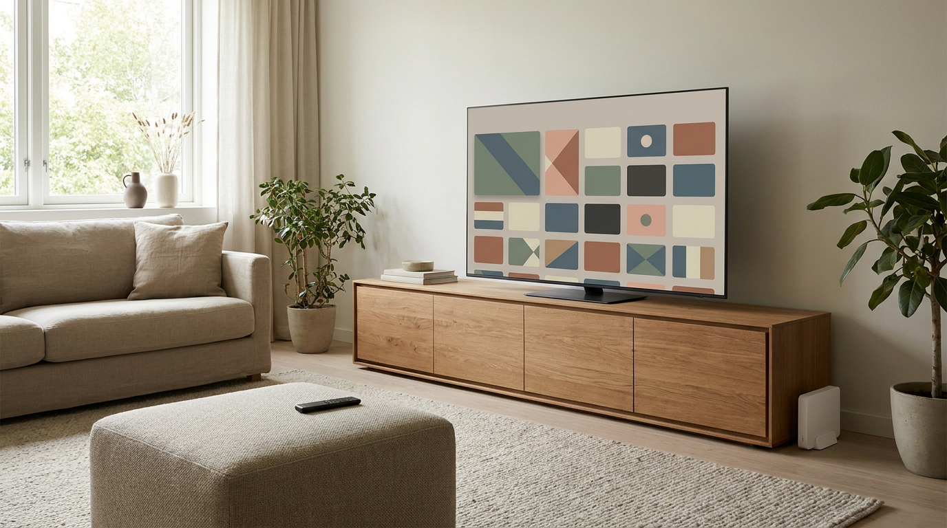 Smart-tv met een neutrale IPTV-interface en een afstandsbediening in een moderne woonkamer