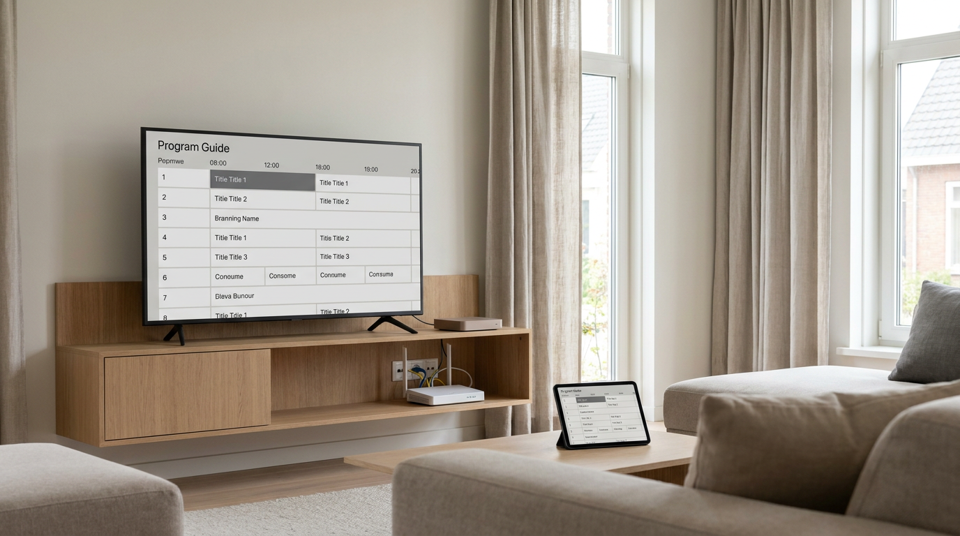 Televisie, ontvanger en router in een woonkamer voor televisiekijken via IPTV