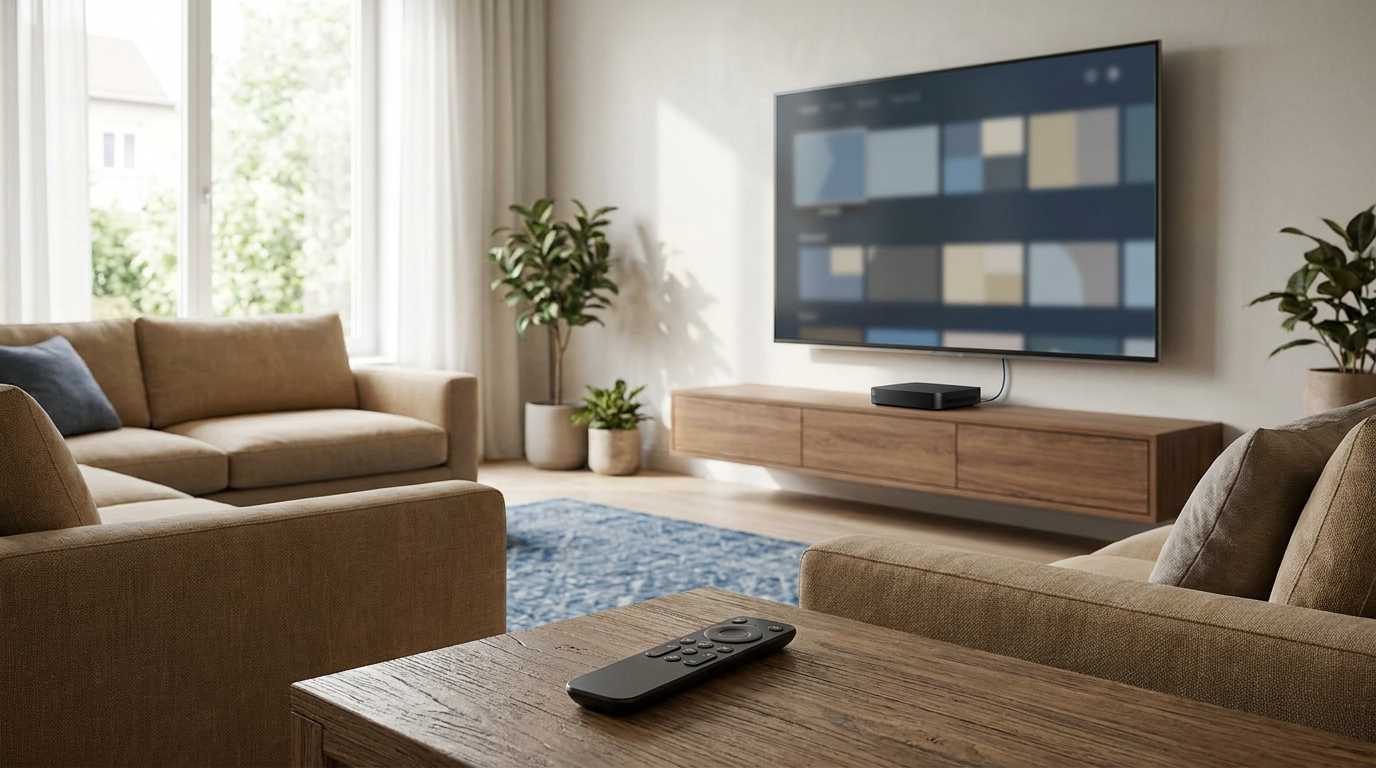 Televisie met een neutrale mediaspelerinterface en afstandsbediening voor kijken via internet